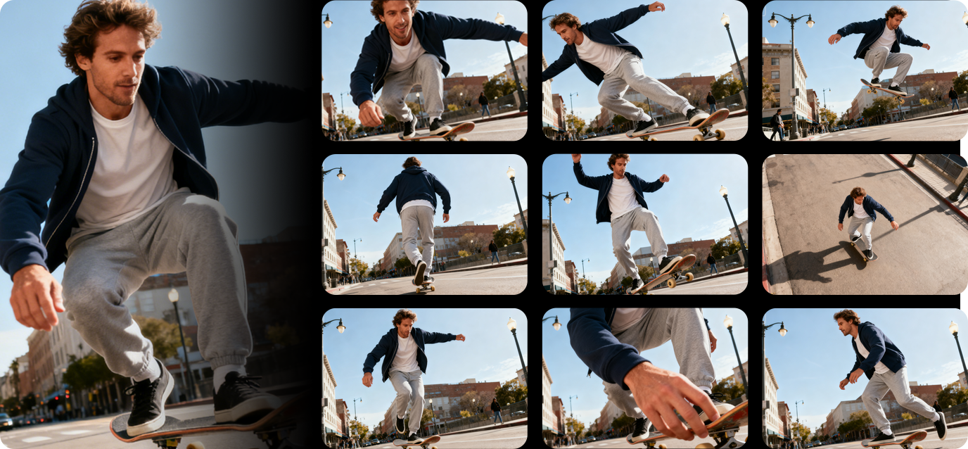 AI consistent character generator showing 9 different angles from one photo